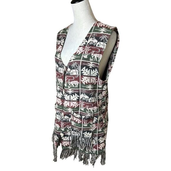 90s Vintage Tapestry Relaxed Rug Vest Pockets Fringe Large Boho Western Farm - Picture 5 of 9